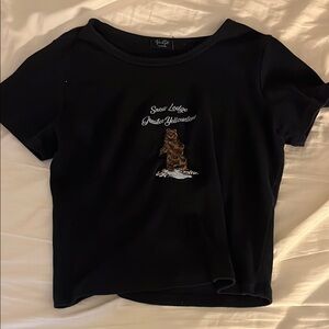 Black Graphic Tee with Bear Embroidery